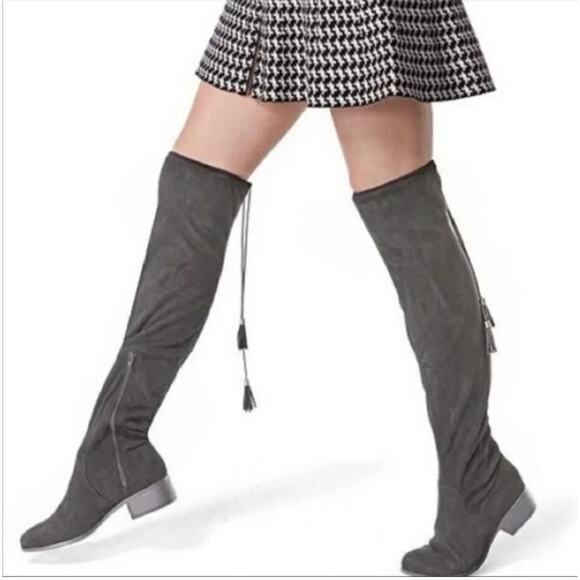 Madden Girl Prissley Over-the-Knee Boots Gray Faux Suede Stacked Heel Sz 10 - Picture 1 of 6